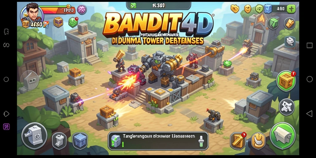 Gameplay menegangkan di BANDIT4D, menara melawan gelombang musuh.