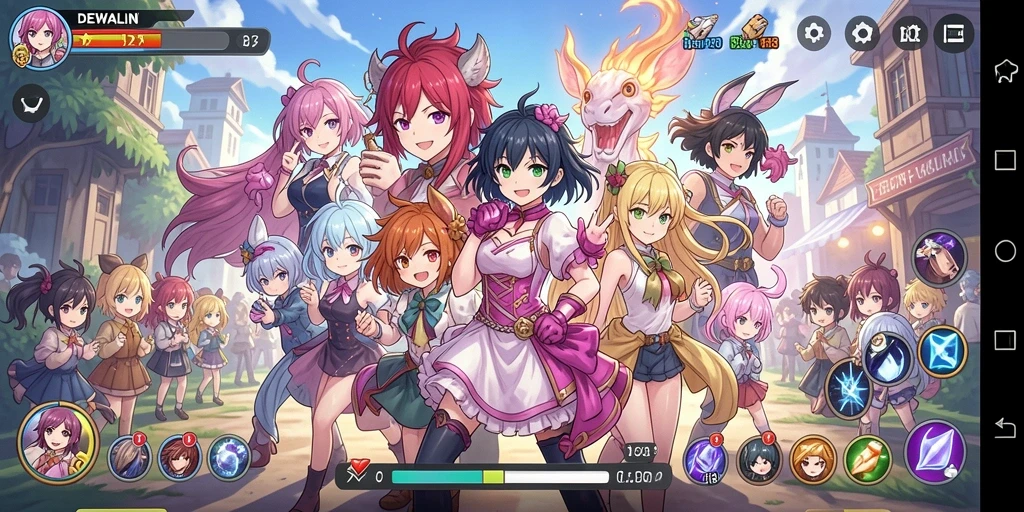 Tampilan gameplay DEWALIN dengan karakter anime yang menarik.