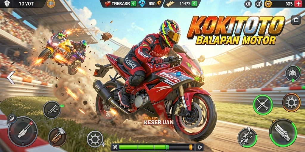 Screenshot gameplay KOKITOTO yang menampilkan aksi balapan motor yang intens.