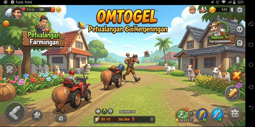 Tampilan screenshot OMTOGEL menampilkan aktivitas pertanian yang seru dan penuh warna.